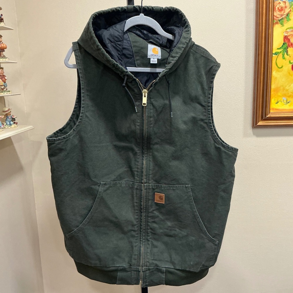Carhartt Vest Sandstone Hooded Active XL Green Quilted Lined Canvas V139 MNT
